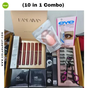 (10 in 1 Combo)  Imagic Mascara   HANDAIYAN Lipstick 6PCS   Eyeliner   Imagic Loose Powder   Imagic Eyelashes   Eyelashes Curler   Eyelashes Glue   Sponge
