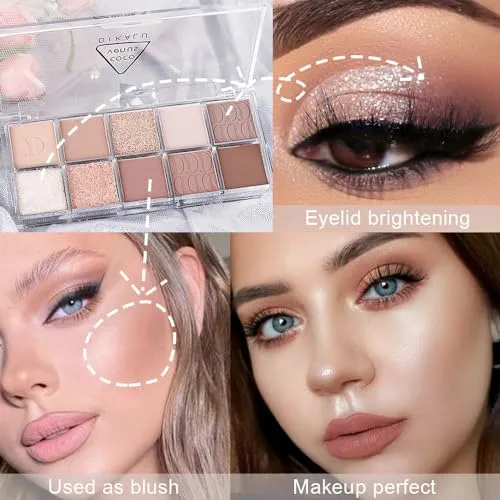 10Colors Light Brown Nude Silver Eyeshadow Palette Makeup,Natural Neutral Highly Pigmented Eye Shadow,Naturing-Looking Long Lasting