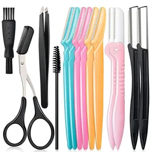 14 in 1 Eyebrow Razor Kit, Professional Dermaplane Face Razor for Women, Eyebrow Trimmer for Hair & Peach Fuzz Remover, Face Shavers for Women with Eyebrow Tweezers/Scissors/Clipper/Spoolie Brush