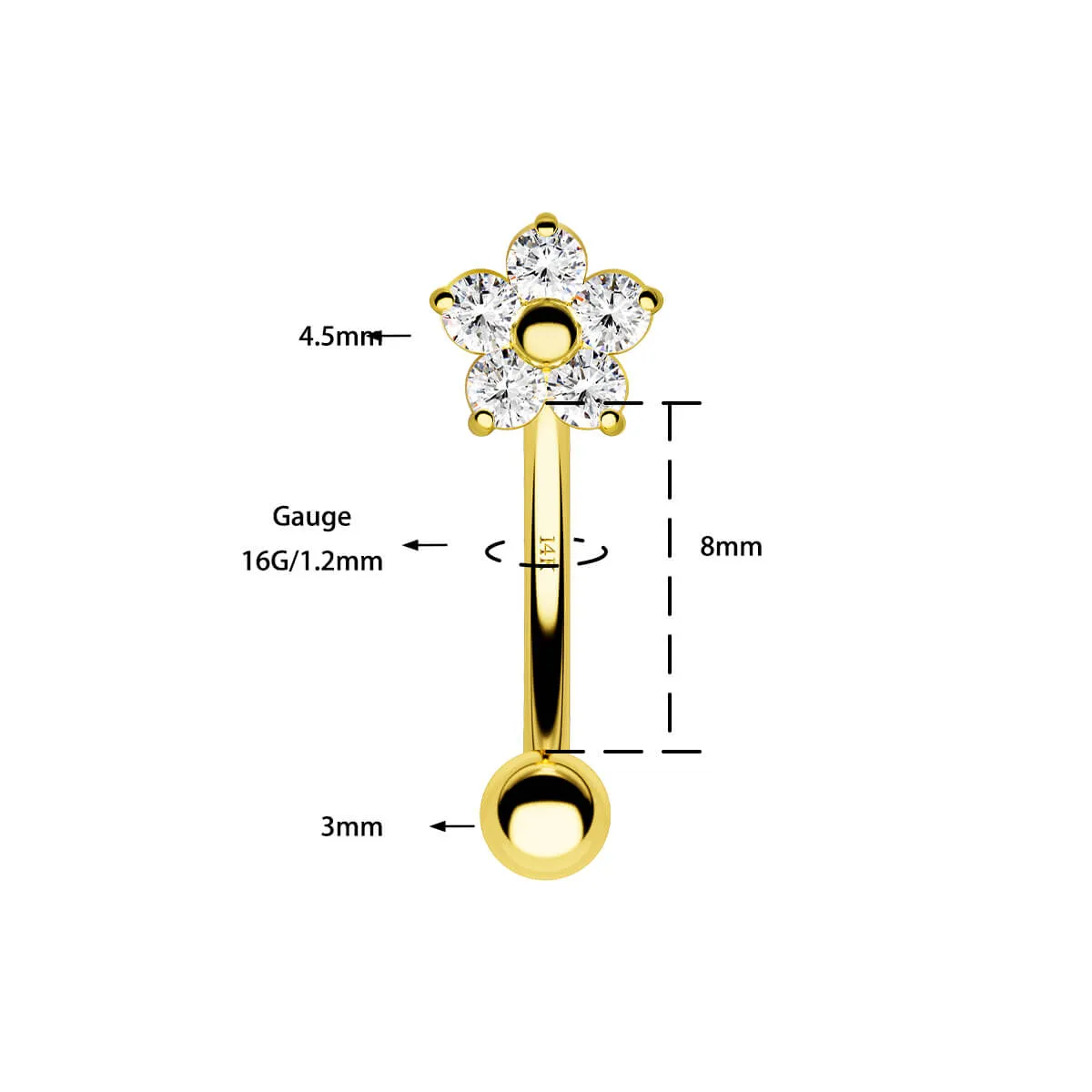 14K Solid Gold Clear CZ Flower Rook Earring