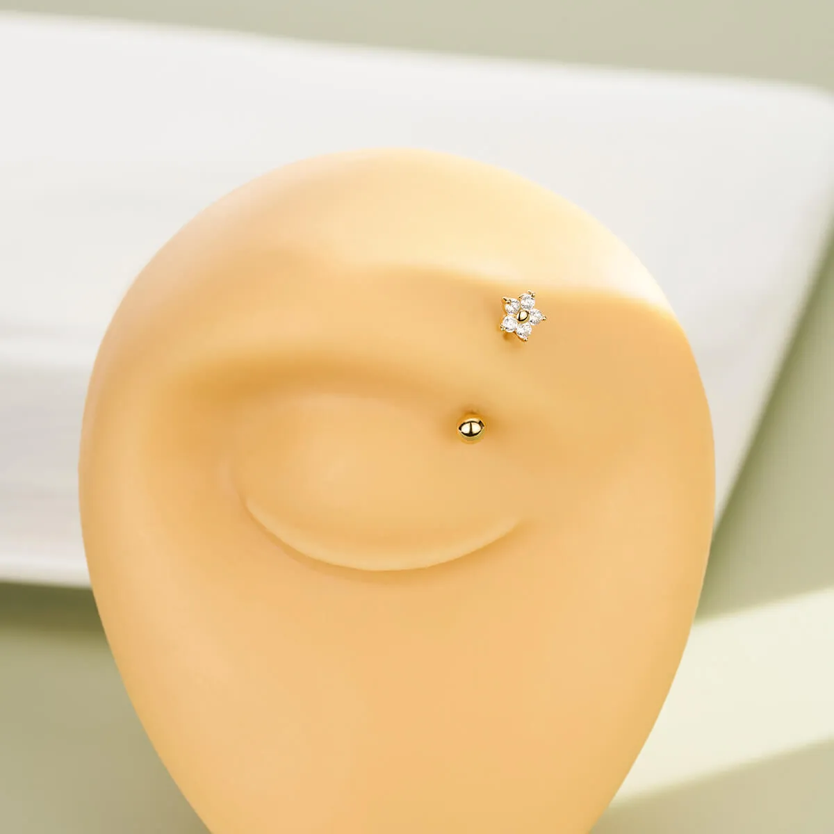 14K Solid Gold Clear CZ Flower Rook Earring