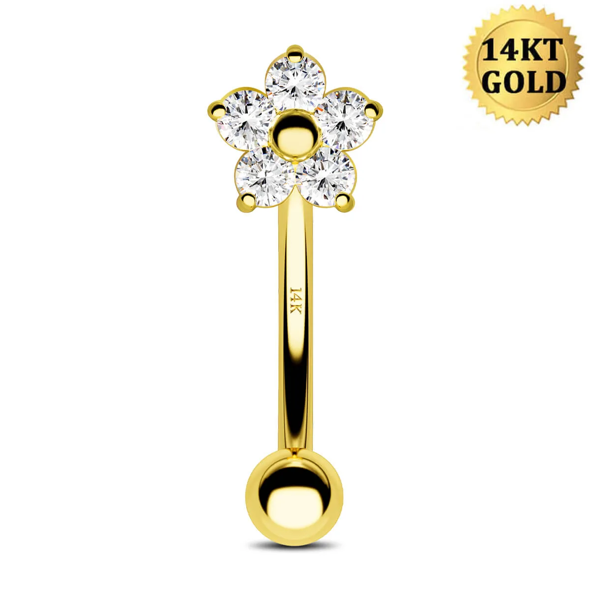 14K Solid Gold Clear CZ Flower Rook Earring