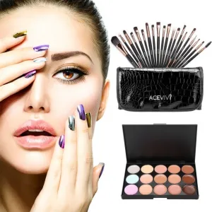 15 Colors Makeup Face Cream Concealer Palette   20 PCS Powder Brushes   Carrying Bag