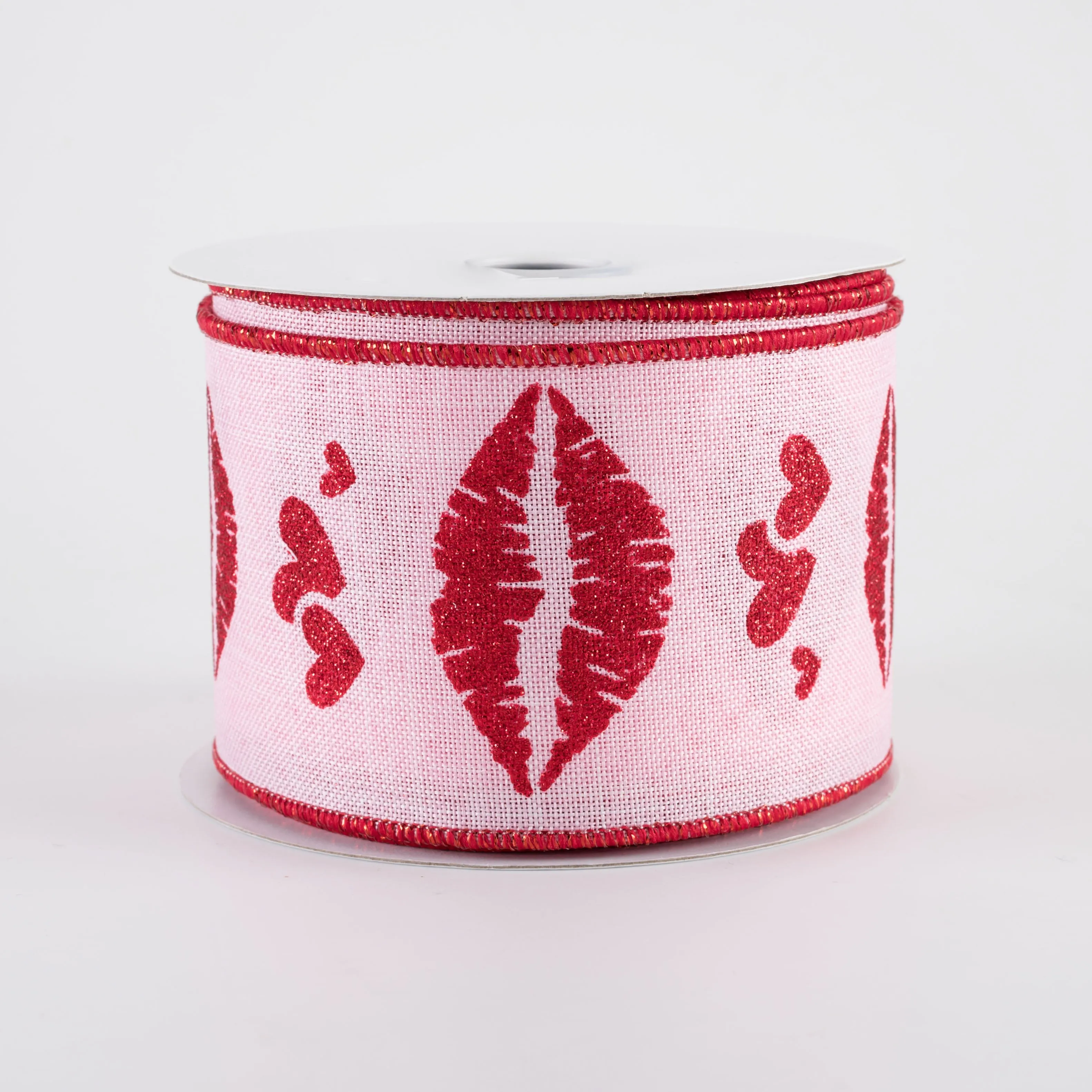 2.5" Glittered Hearts and Lips Diagonal Weave Ribbon: Light Pink (10 Yards)