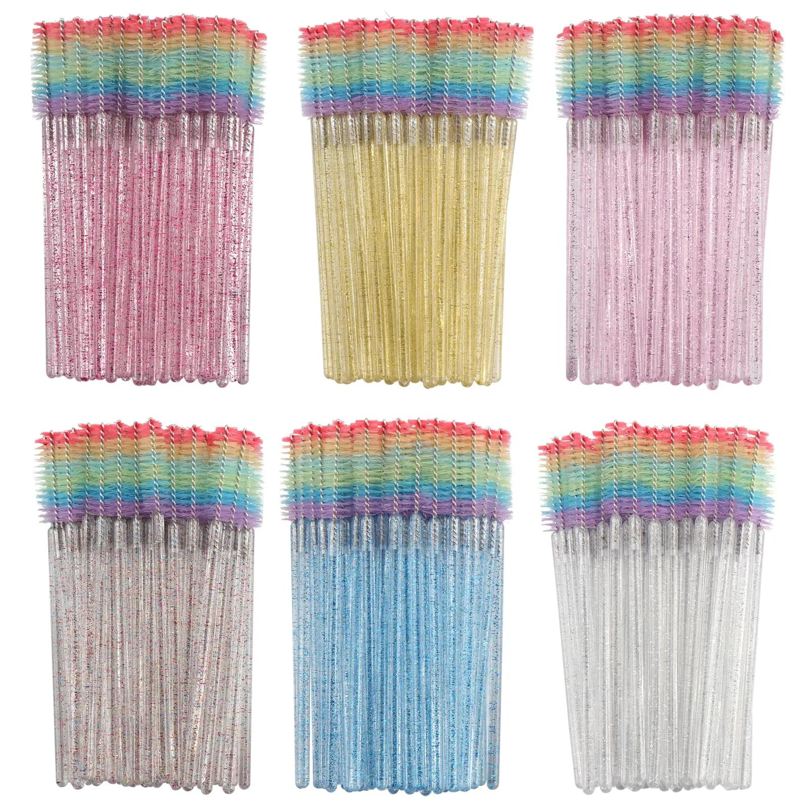 300PCS Disposable Mascara Wands Spoolie Brush Crystal Eyebrow Brushes Eyelash Extension Applicator Makeup Kits.myaokue-up (Rainbow Heads 6 Color Mix)