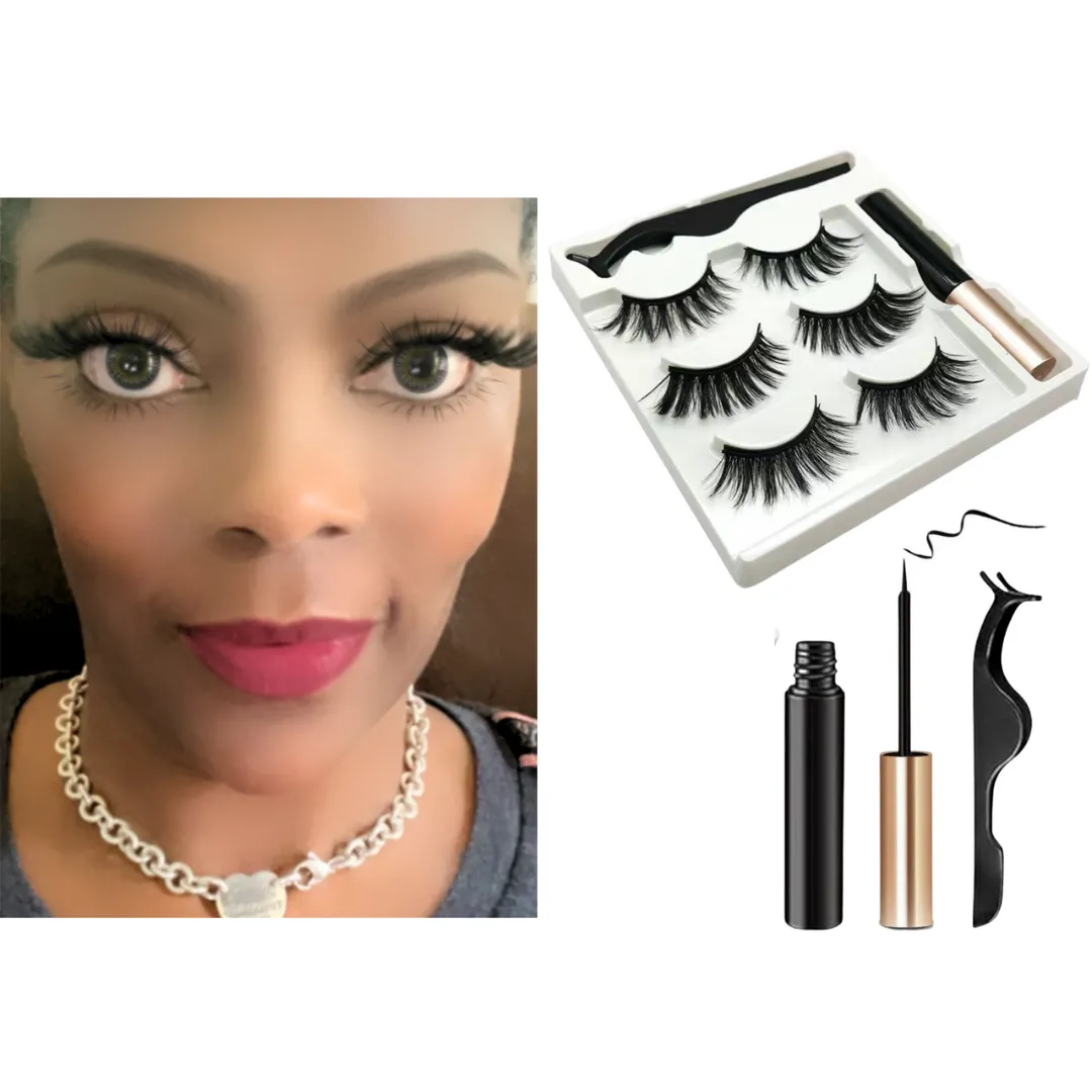3D Dramatic Magnetic Faux Mink Eyelashes 3 Variety Pairs   Black Magnetic Liquid Eyeliner & Lash Applicator Tool
