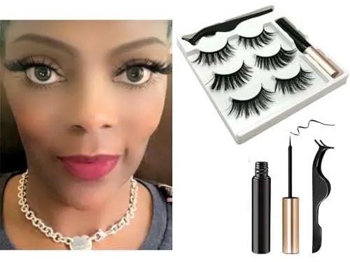 3D Dramatic Magnetic Faux Mink Eyelashes 3 Variety Pairs   Black Magnetic Liquid Eyeliner & Lash Applicator Tool