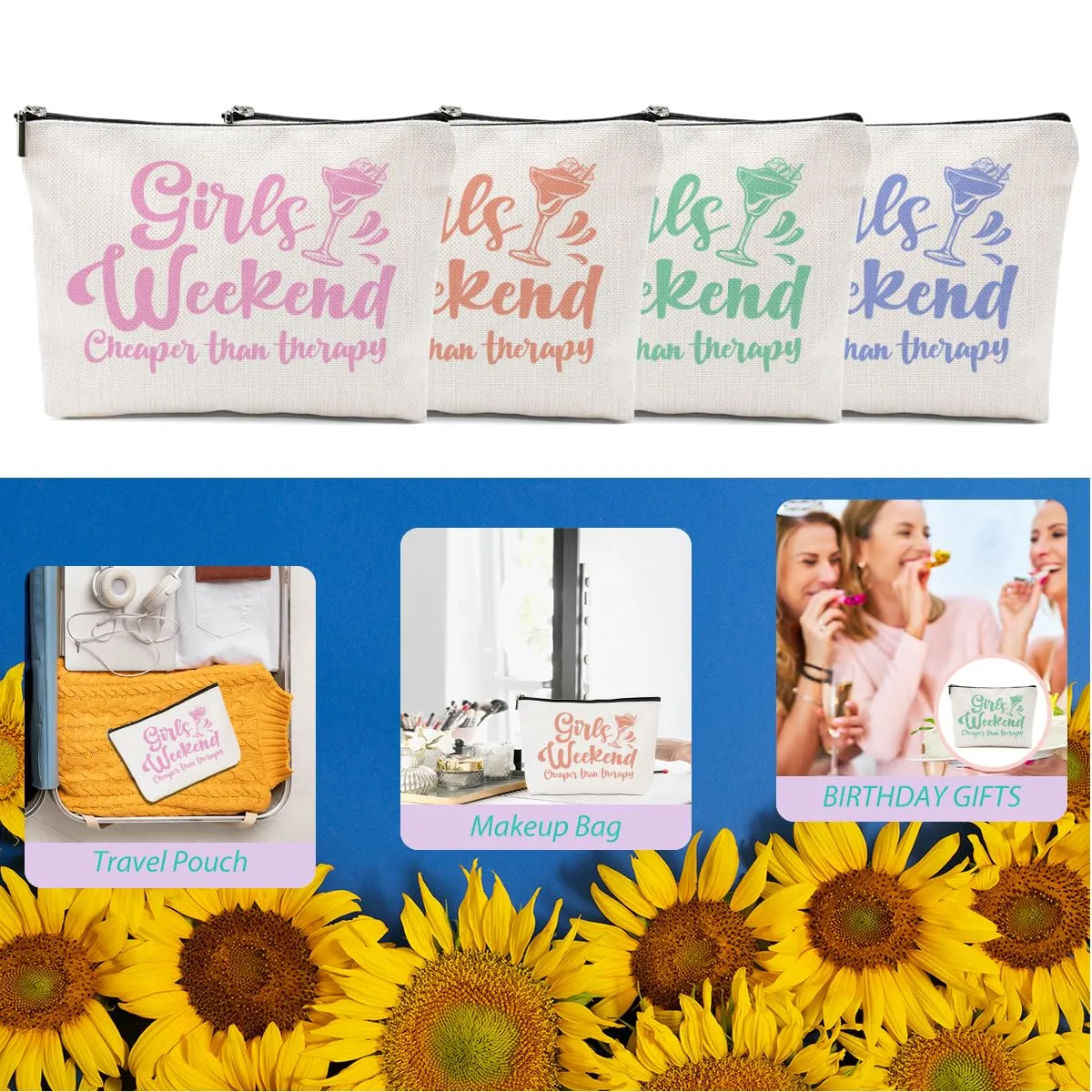 4 Pcs Girls Weekend Gifts Girls Trip 2024 Makeup Bag Girls Trip Gifts Favors Summer Gifts Cosmetic Bag Toiletry Bag Zipper Pouch Weekender Bags for Women Girl Friendship Bachelorette Party Birthday