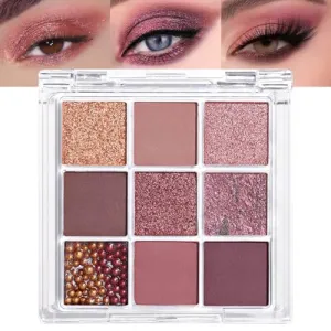 9Colors Pink Brown Violet Sparkly Eyeshadow Makeup Palette,Korean Natural Hypoallergenic Glitter Eyeshadow Palette,Highly Pigmented
