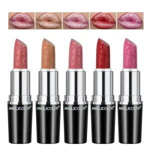 Anglicolor 5pcs Glitter Lipstick High Impact Lipcolor,Lipstick Moisturizing Creamy Formula,Metallic Lipstick For Women For Vegan & Cruelty-Free,Full-Coverage Lip Color (#B, 5PCS)