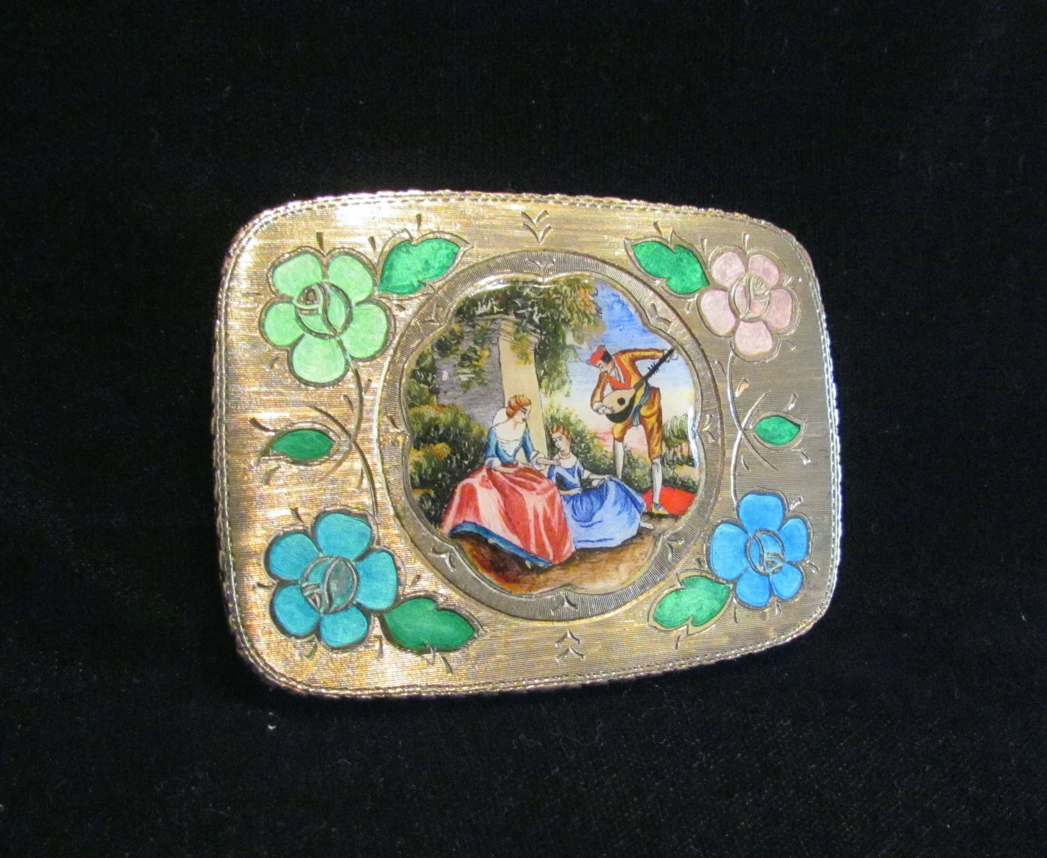 Antique 800 Silver Compact Enamel Courting Scene Guilloche Flowers Excellent Condition