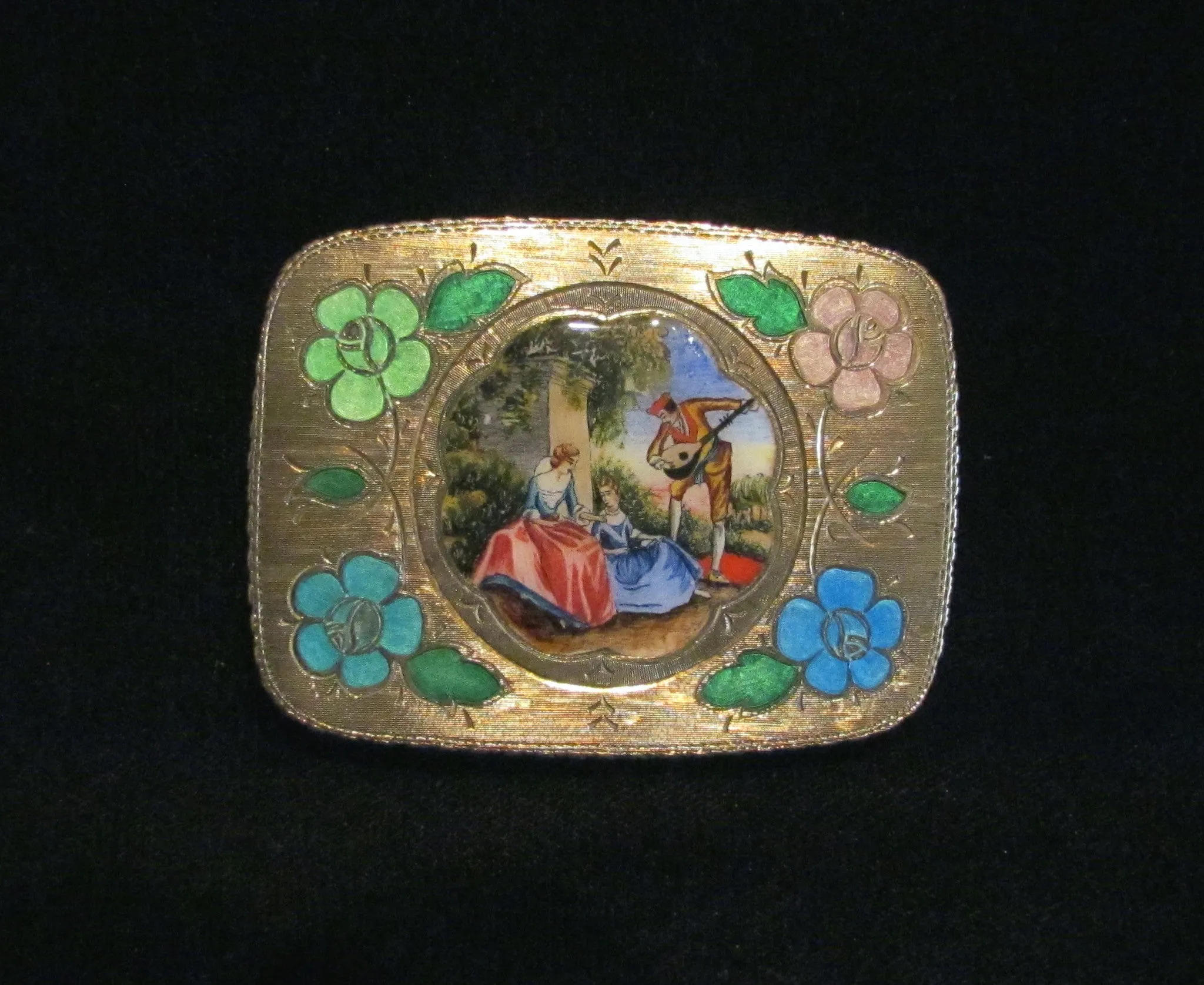 Antique 800 Silver Compact Enamel Courting Scene Guilloche Flowers Excellent Condition