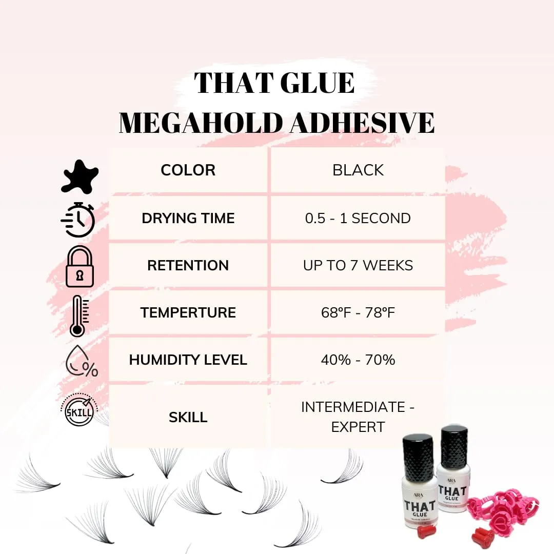 ARA Lash Co. That Glue Megahold Adhesive/Eyelash Extension Glue/Lash Glue/0.5 Sec Dry Time/Extra Strong Hold/7 Weeks Retention/Low Fumes/5ml