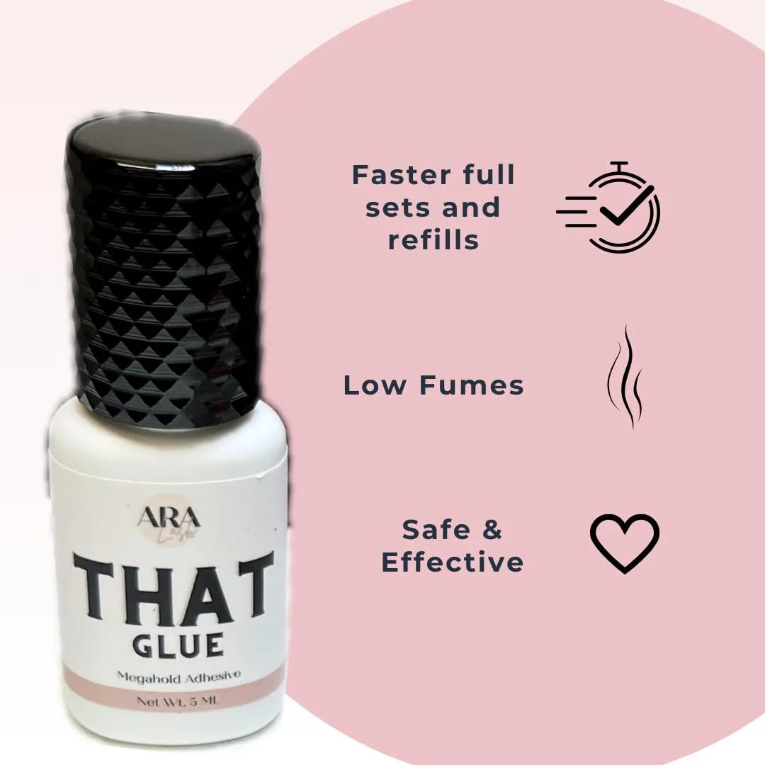 ARA Lash Co. That Glue Megahold Adhesive/Eyelash Extension Glue/Lash Glue/0.5 Sec Dry Time/Extra Strong Hold/7 Weeks Retention/Low Fumes/5ml