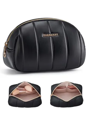 BAGSMART Small Makeup Bag PU Leather Travel Makeup Bag Organizer Makeup Pouch, Portable Cosmetic Bags for Women, Cute Make Up Bag for Travel Size Toiletries Accessories Brushes (Black)