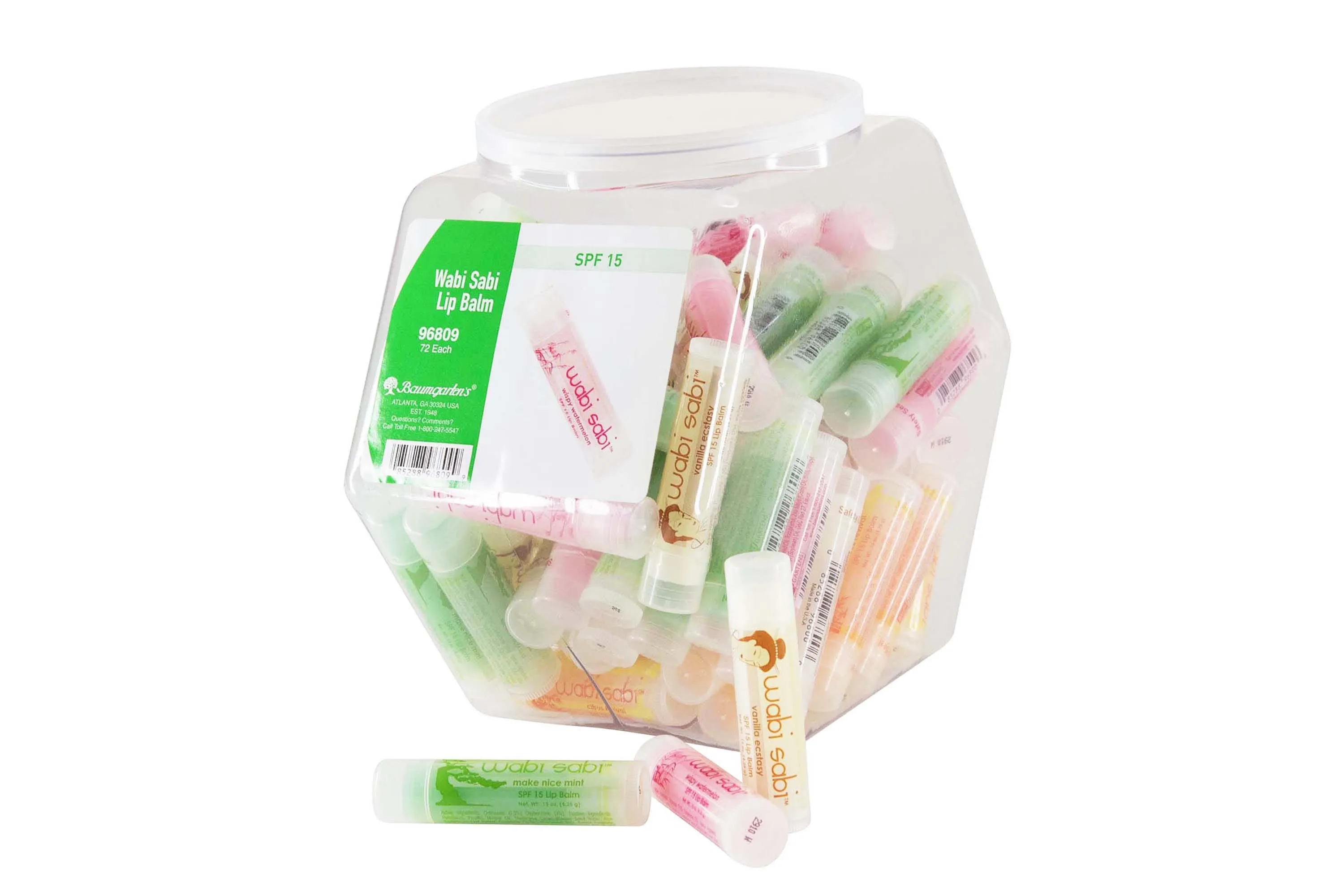 Baumgartens Wabi Sabi Lip Balm Hexagonal Tub Display of 72 ASSORTED Colors (96809)