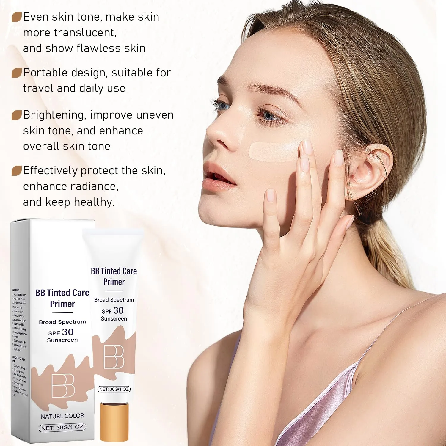 BB Blur Tinted Moisturizer SPF 30, BB Cream Tinted Moisturizer with Broad Spectrum SPF, Full Coverage Light-Medium Skin Color Hydrating & Smoothing (Natural, 1pc)