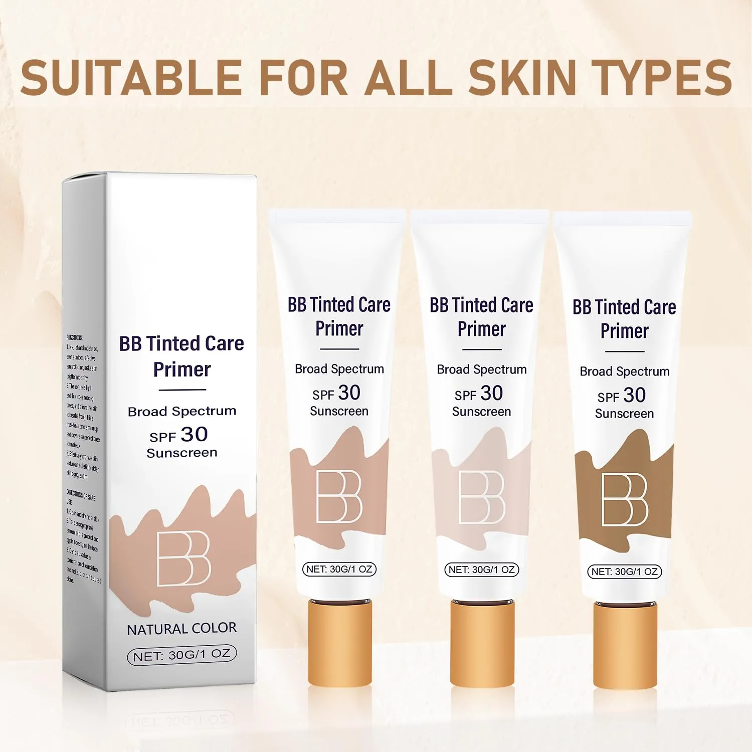BB Blur Tinted Moisturizer SPF 30, BB Cream Tinted Moisturizer with Broad Spectrum SPF, Full Coverage Light-Medium Skin Color Hydrating & Smoothing (Natural, 1pc)