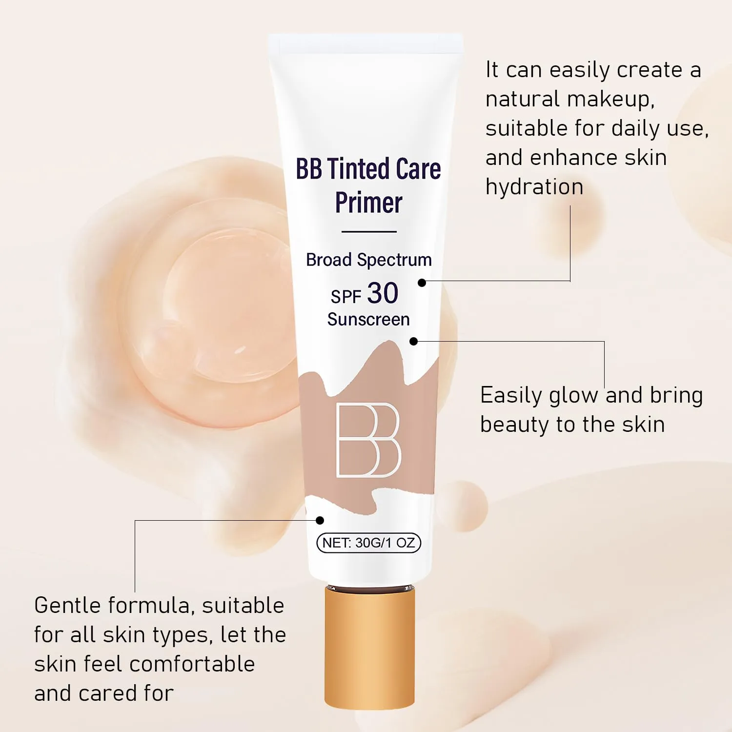 BB Blur Tinted Moisturizer SPF 30, BB Cream Tinted Moisturizer with Broad Spectrum SPF, Full Coverage Light-Medium Skin Color Hydrating & Smoothing (Natural, 1pc)