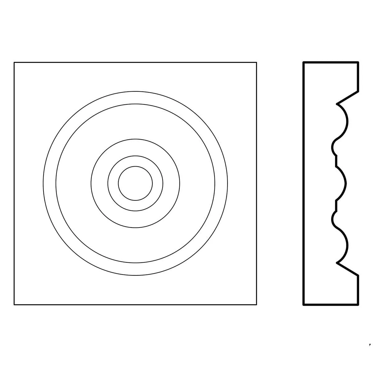 Bullseye Rosette (Accepts casing thickness up to 13/16 x 3 - 3 1/2),  3 3/4"w x 3 3/4"h x 27/32"d
