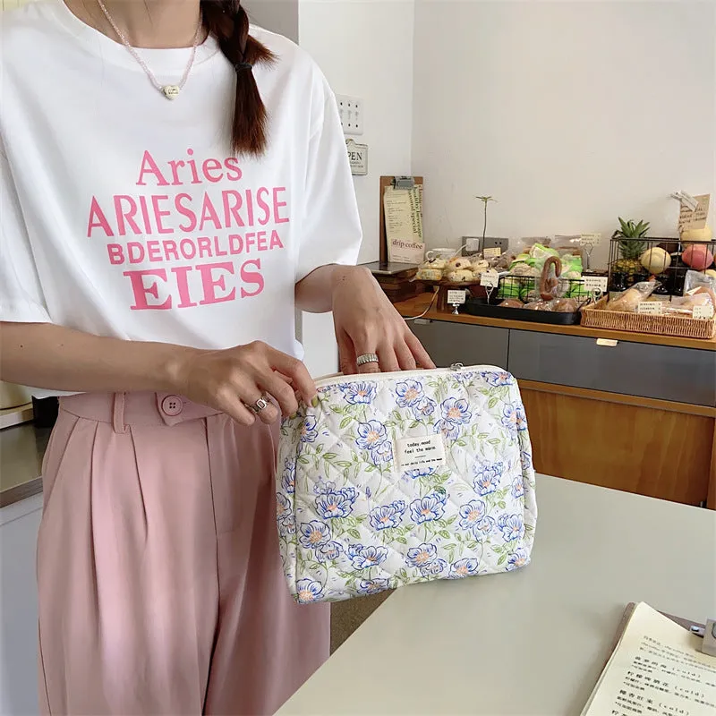 Cute Floral Smiley Face Dots Graffiti Quilted Cotton Large Capacity Makeup Bag