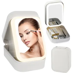 Dannir Travel Makeup Case with LED Mirror, Makeup Bag with Lighted Mirror, Cosmetic Train Storage Box, Portable Organizer Vanity Case for Women Beauty Tools Accessories Rechargeable White