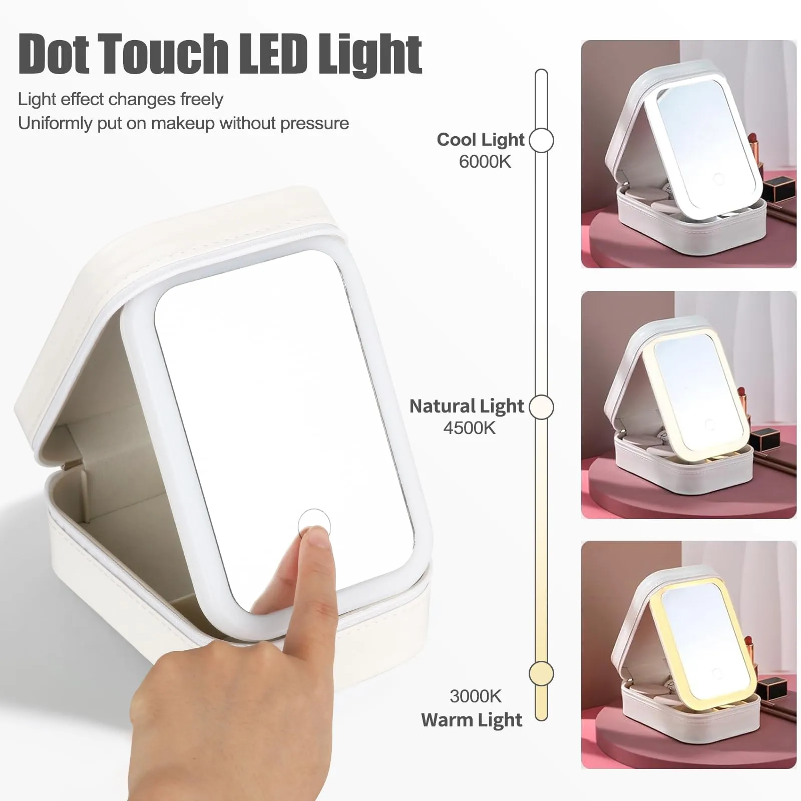 Dannir Travel Makeup Case with LED Mirror, Makeup Bag with Lighted Mirror, Cosmetic Train Storage Box, Portable Organizer Vanity Case for Women Beauty Tools Accessories Rechargeable White
