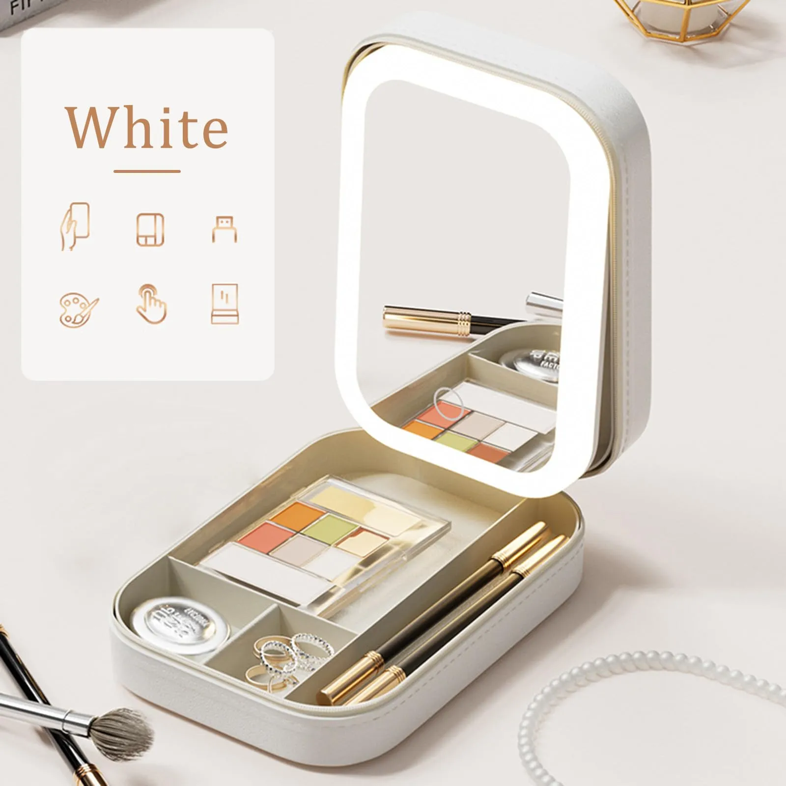 Dannir Travel Makeup Case with LED Mirror, Makeup Bag with Lighted Mirror, Cosmetic Train Storage Box, Portable Organizer Vanity Case for Women Beauty Tools Accessories Rechargeable White
