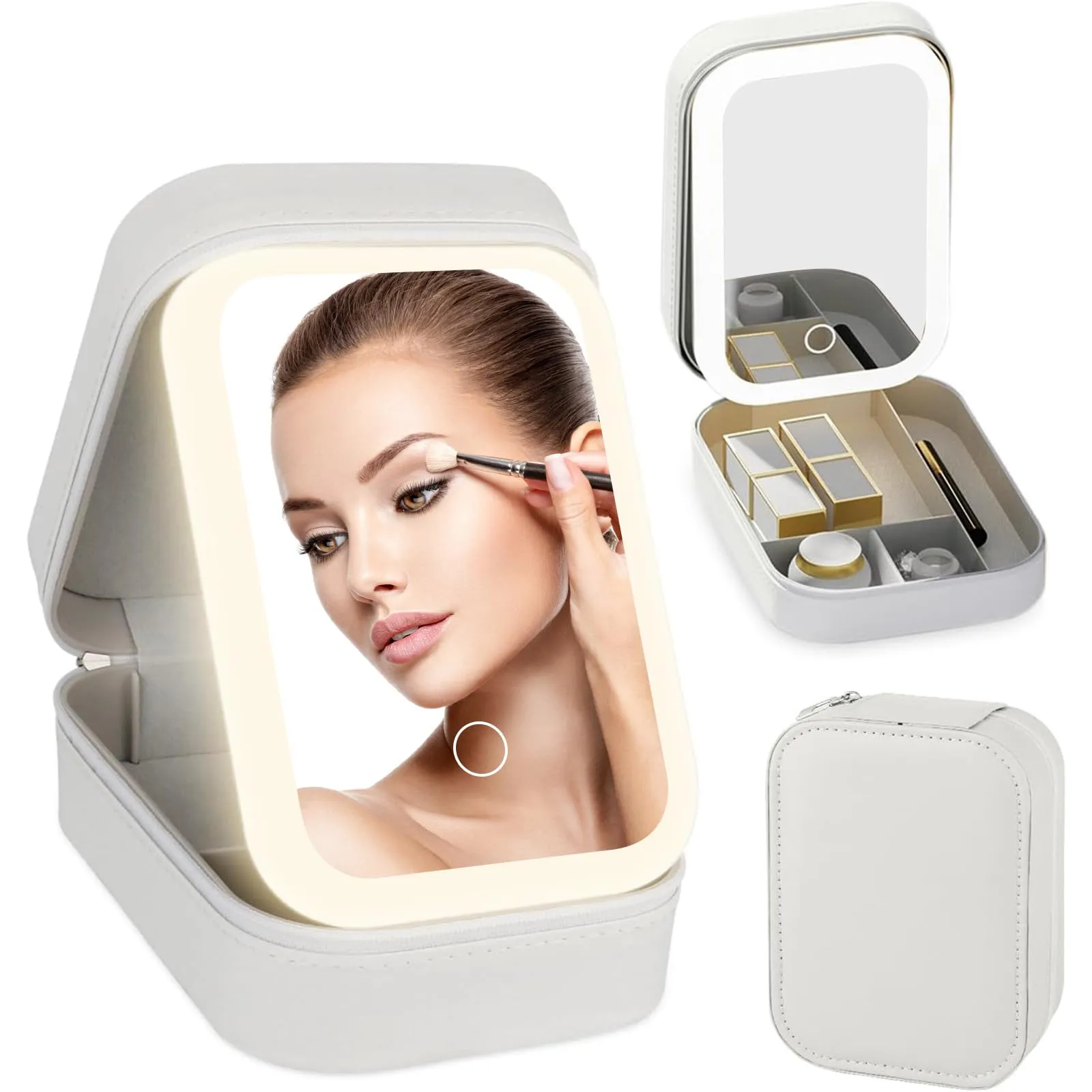 Dannir Travel Makeup Case with LED Mirror, Makeup Bag with Lighted Mirror, Cosmetic Train Storage Box, Portable Organizer Vanity Case for Women Beauty Tools Accessories Rechargeable White