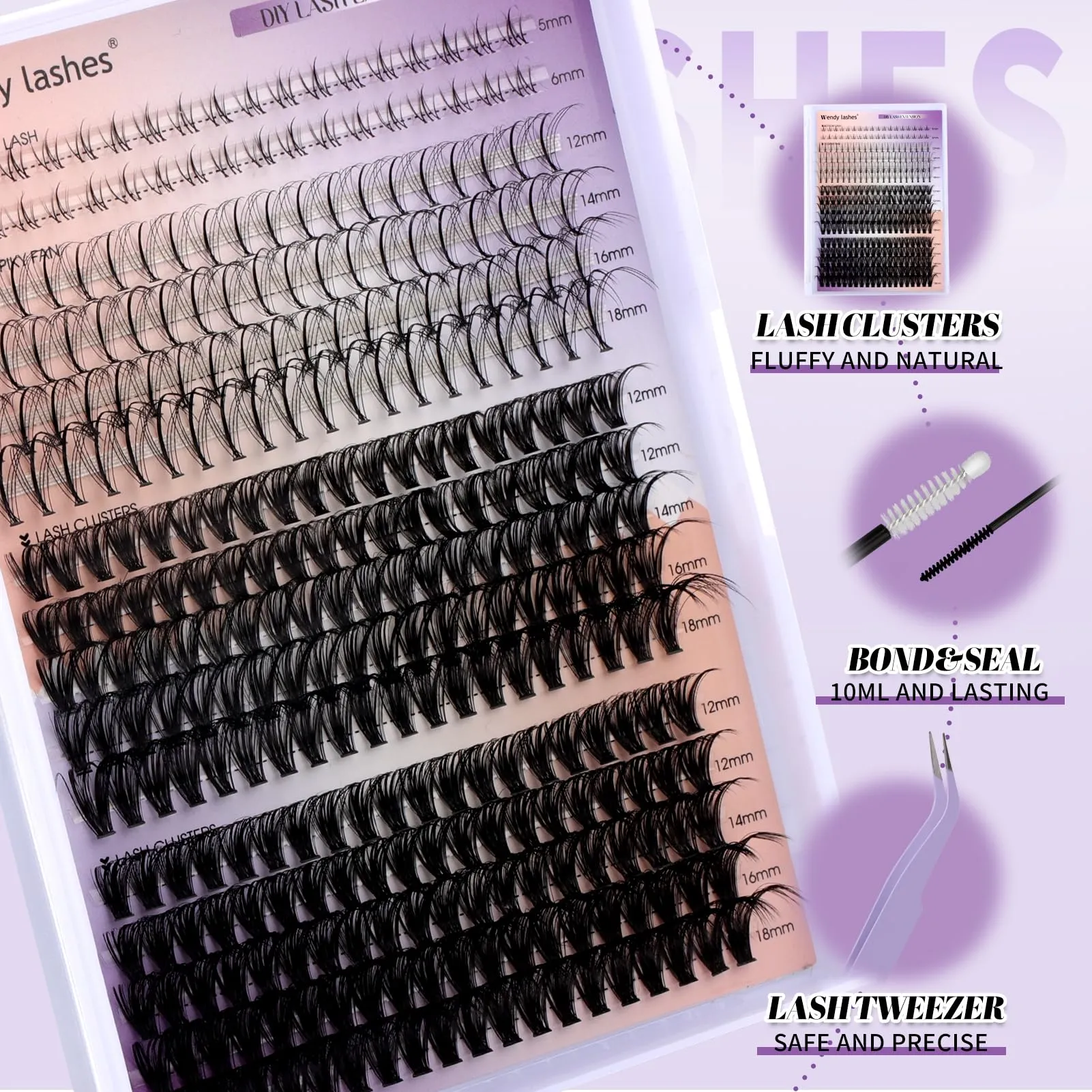 DIY Lash Extension Kit Lash Clusters With Bottom Lashes 20/30/40/50D 12-18mm Multi-types Individual Lashes Bond and Seal, Spike, Volume Lashes Kit Lash Applicator(40/50 Kit)