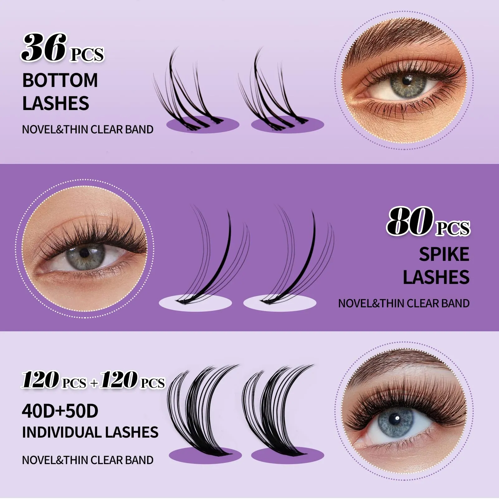 DIY Lash Extension Kit Lash Clusters With Bottom Lashes 20/30/40/50D 12-18mm Multi-types Individual Lashes Bond and Seal, Spike, Volume Lashes Kit Lash Applicator(40/50 Kit)