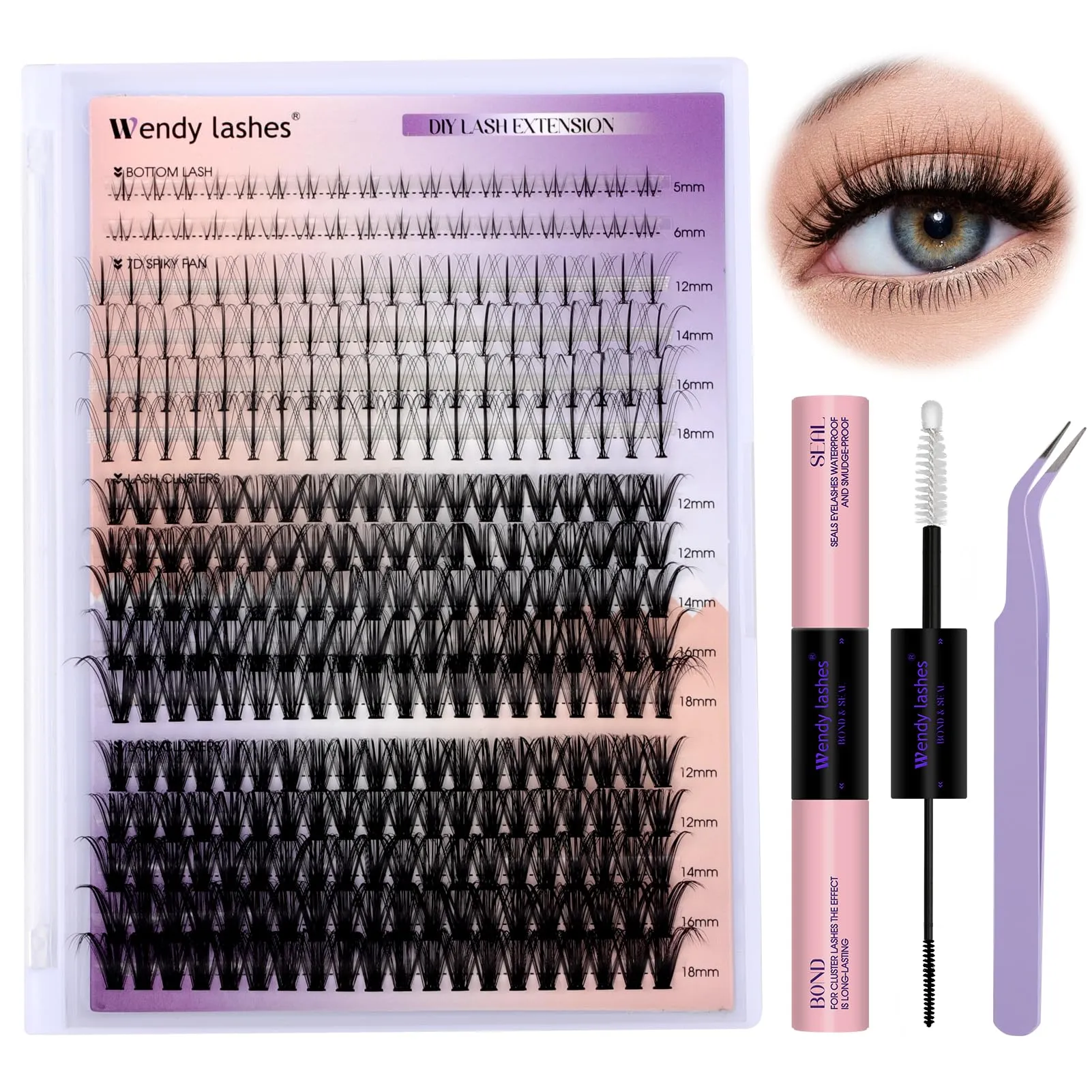 DIY Lash Extension Kit Lash Clusters With Bottom Lashes 20/30/40/50D 12-18mm Multi-types Individual Lashes Bond and Seal, Spike, Volume Lashes Kit Lash Applicator(40/50 Kit)