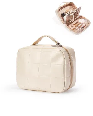 EACHY Checkered Makeup Travel Bag, Waterproof Cosmetic Bags for Women, Large Capacity PU Leather Make Up Organizer with Portable and Stylish (Checkered-White)