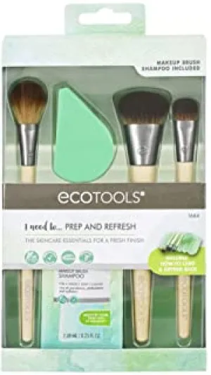 EcoTools Prep   Refresh Makeup Brush Set, With Sponge Blender and Brush Cleaner Cleansing Shampoo, Vegan Beauty Tools, Set of 5