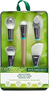 EcoTools Wake Up   Glow Interchangeables Makeup Brush Set with Case, With Beauty Blender Makeup Sponge, Silicone Applicator Face Mask Brush, Eye Roller Depuffer (Set of 6)