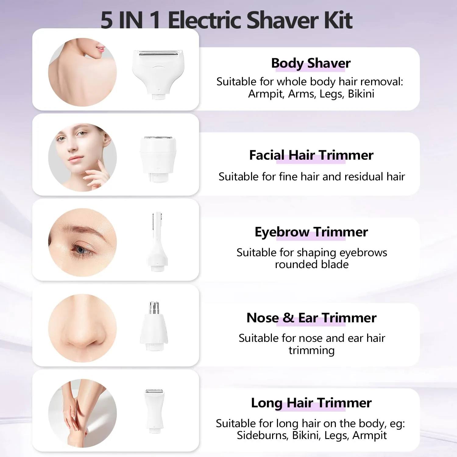 Electric Razors for Women, 5 in 1 Electric Shaver Razor Women Painless Facial Hair Remover, Rechargeable Bikini Trimmer for Women Wet/Dry Face Razors for Face Nose Eyebrow Arm Armpit Legs Pubic