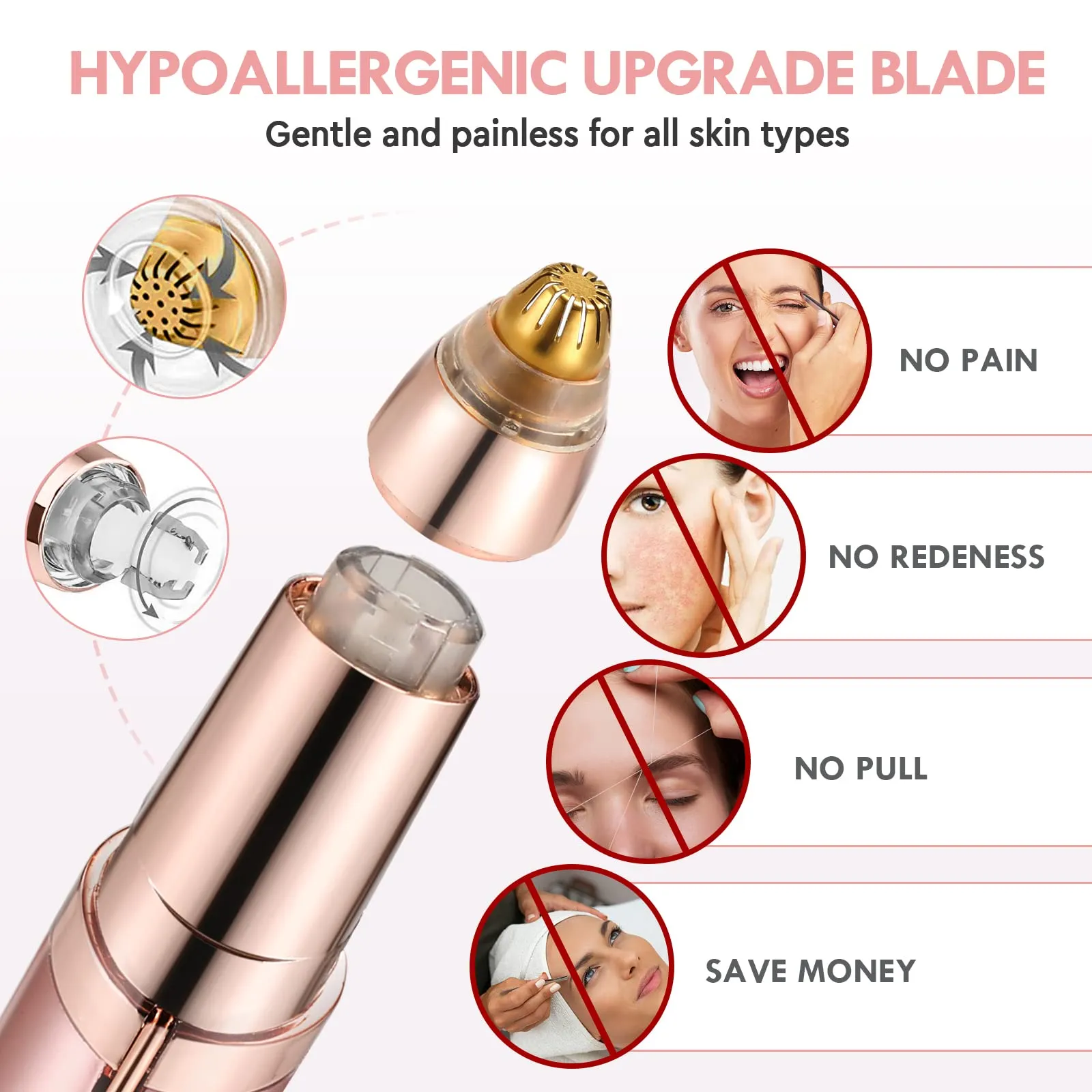 Eyebrow Hair Remover, Rechargeable Electric Eyebrow Trimmer for Women, Painless Eyebrow Hair Removal Razor with 2 x Replacement Heads, Eye Brow and Face Epilator(Rose Gold)