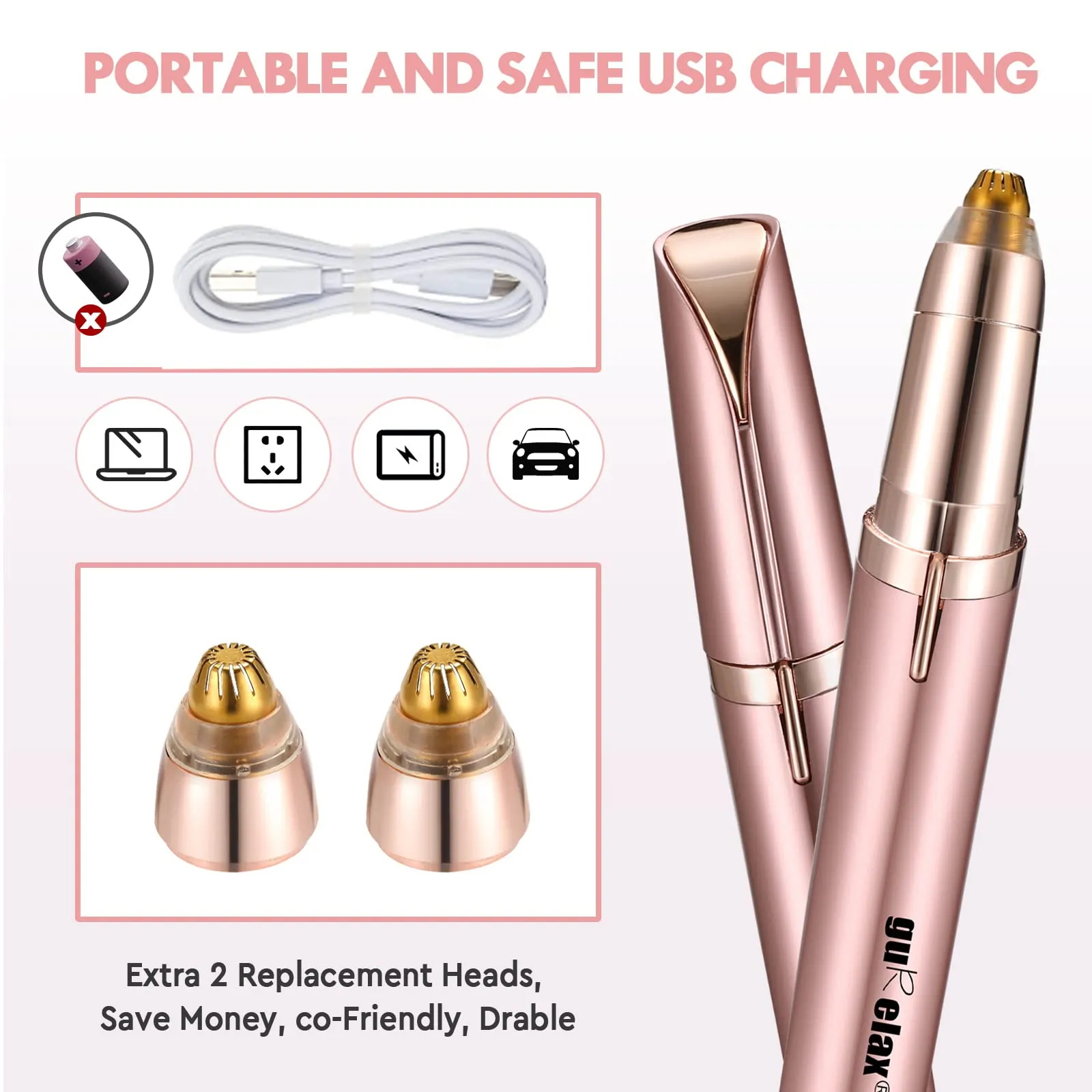 Eyebrow Hair Remover, Rechargeable Electric Eyebrow Trimmer for Women, Painless Eyebrow Hair Removal Razor with 2 x Replacement Heads, Eye Brow and Face Epilator(Rose Gold)