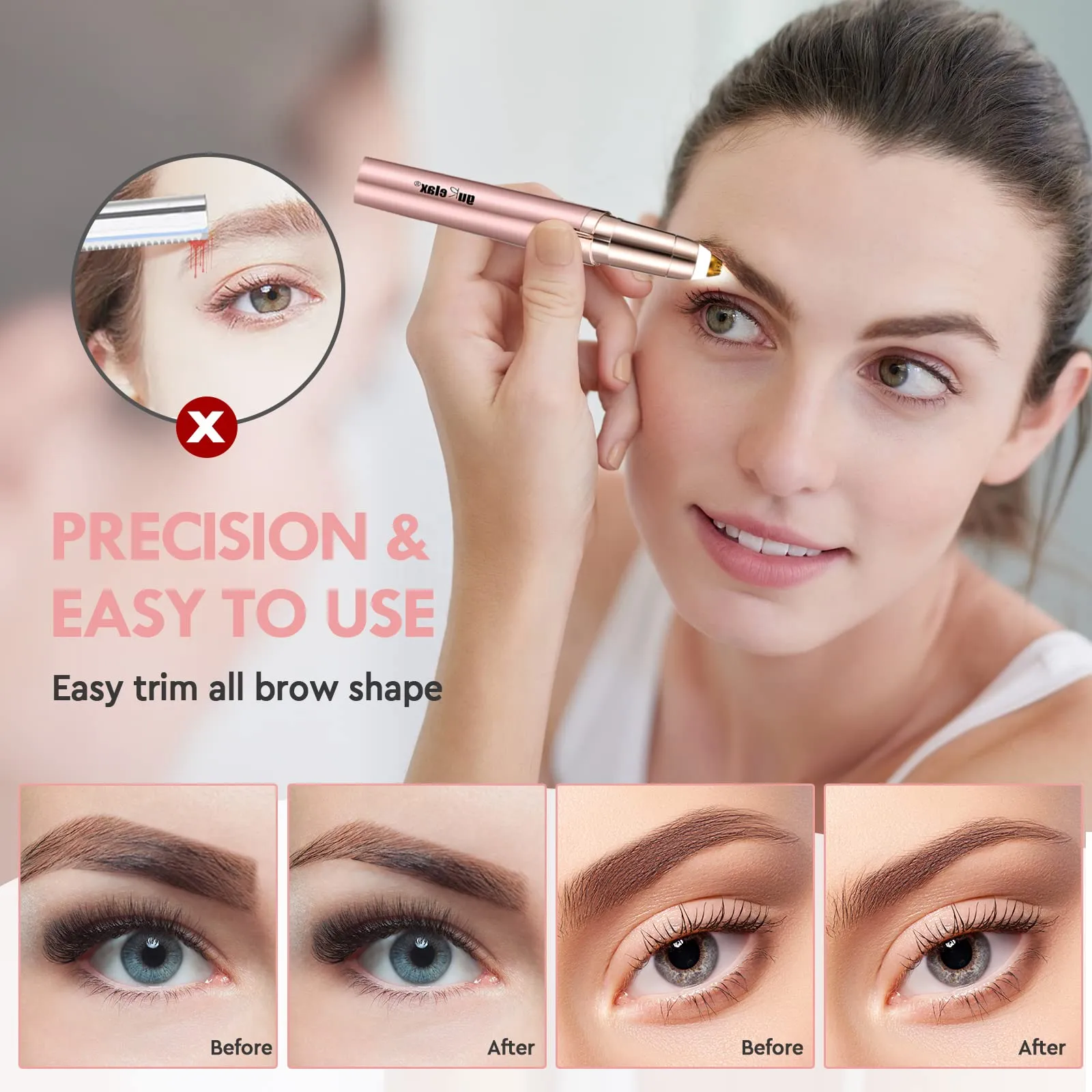 Eyebrow Hair Remover, Rechargeable Electric Eyebrow Trimmer for Women, Painless Eyebrow Hair Removal Razor with 2 x Replacement Heads, Eye Brow and Face Epilator(Rose Gold)