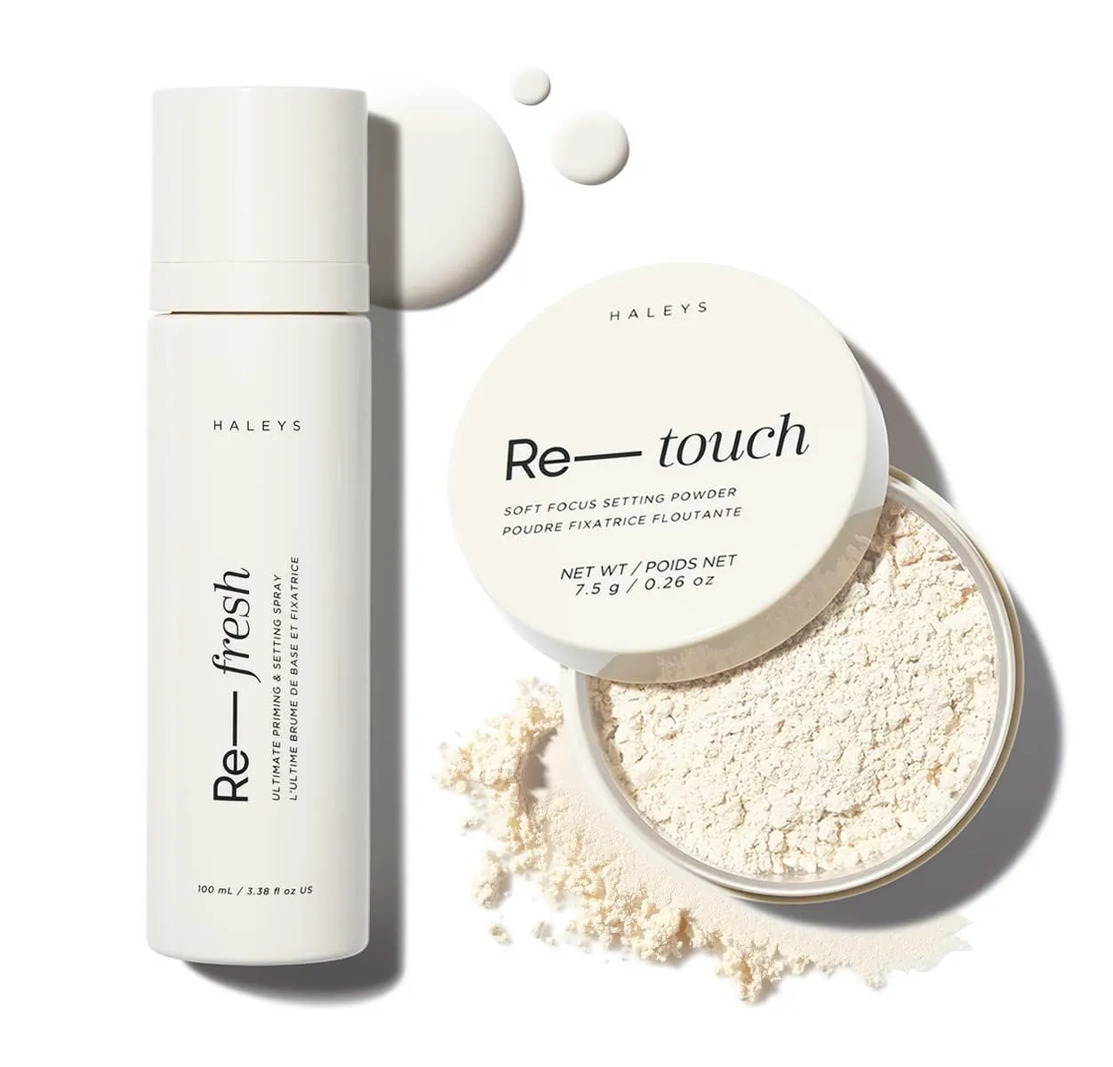 HALEYS Prime & Set Duo: Re-touch Setting Powder & Re-fresh Priming & Setting Spray, Skin Perfecting, Longwear, Smooths, Nourishes, Ultra-Blurring, No flashback, for All Skin Types & Tones, Vegan