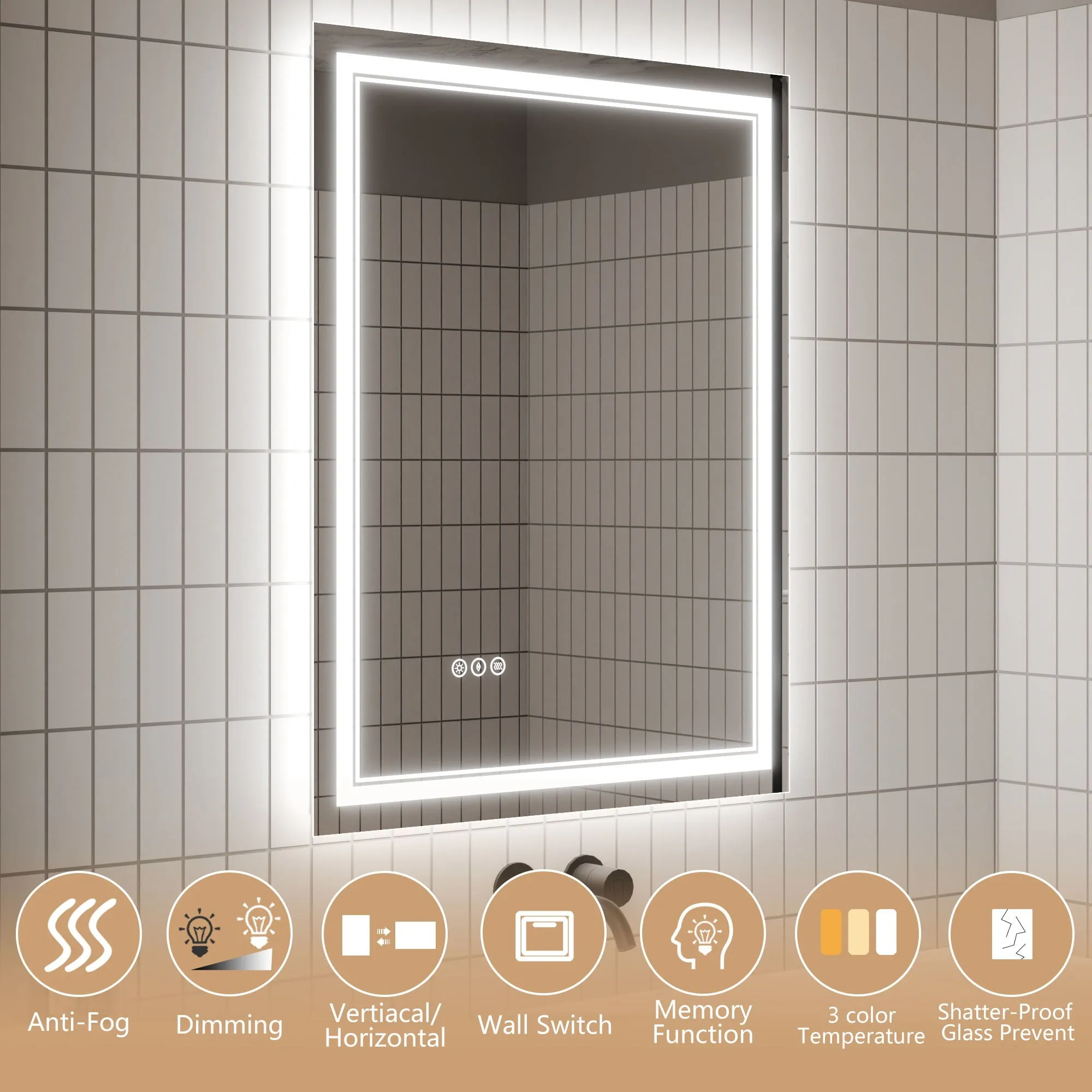 Led Bathroom Mirror, 28X36" Bathroom Vanity Mirrors With Lights, Mirrors For Wall With Smart Touch Button, Anti - Fog, Memory Function, Stepless Dimmable Makeup Mirror (Horizontal / Vertical)