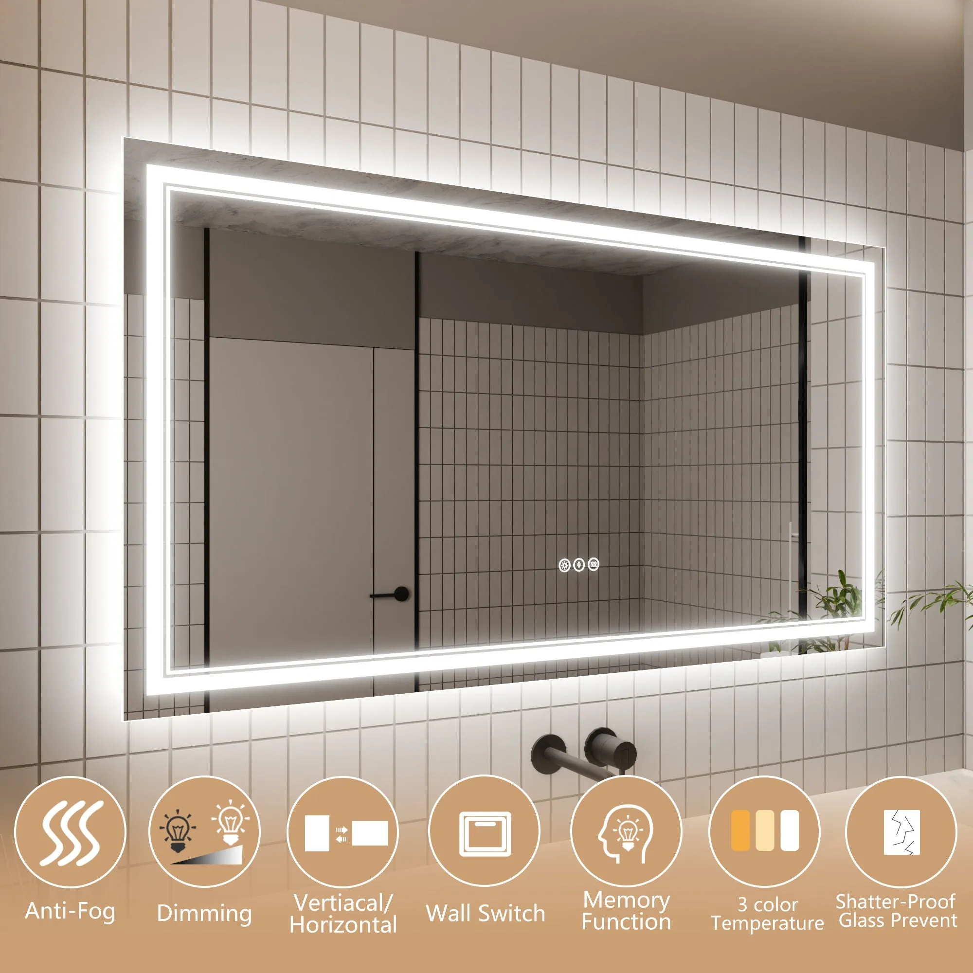 Led Bathroom Mirror, 30X55" Bathroom Vanity Mirrors With Lights, Mirrors For Wall With Smart Touch Button, Anti - Fog, Memory Function, Stepless Dimmable Makeup Mirror (Horizontal / Vertical)