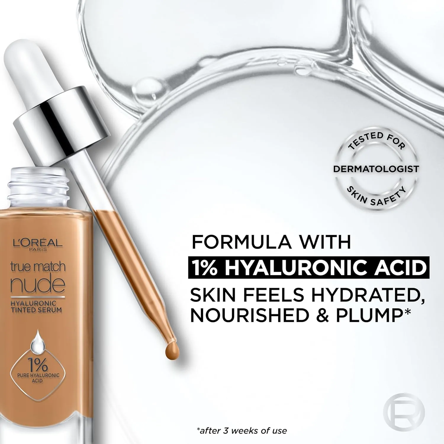 L'Oreal Paris True Match Nude Hyaluronic Tinted Serum Foundation with 1% Hyaluronic acid, Rich Medium 4.5-5.5, 1 fl. oz.