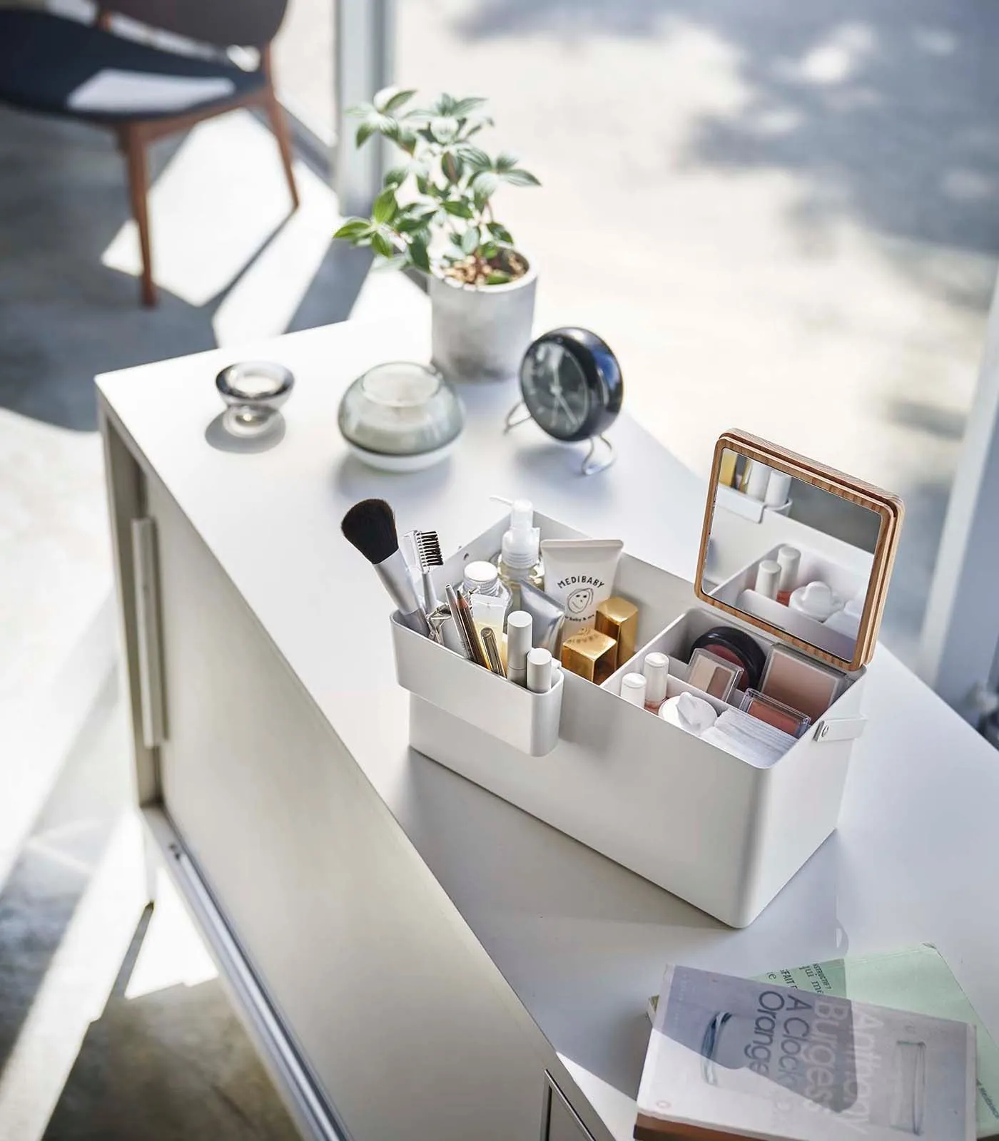 Makeup Organizer with Mirror - Steel   Wood