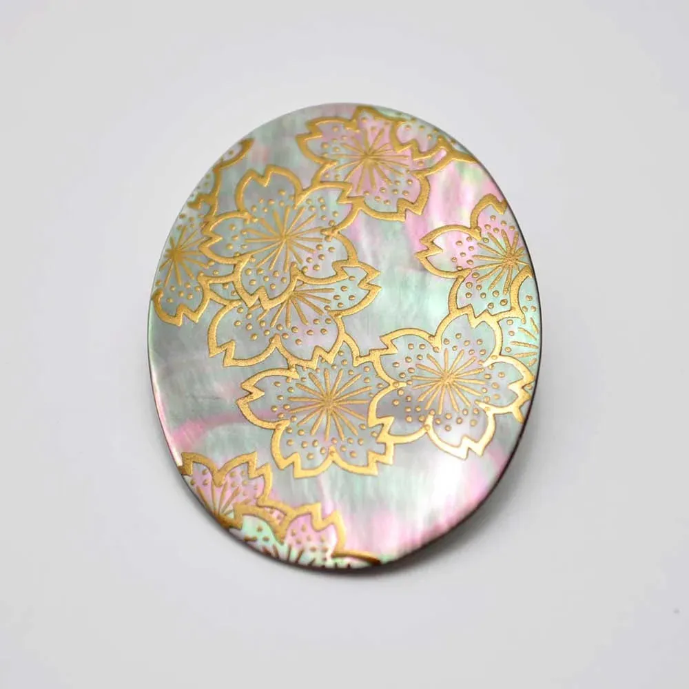Maki-e Urushi Lacquer Brooch - Black Lip Oyster Pearl Shell / Cherry Blossom -, Traditional Japanese Urushi Lacquer Jewelry