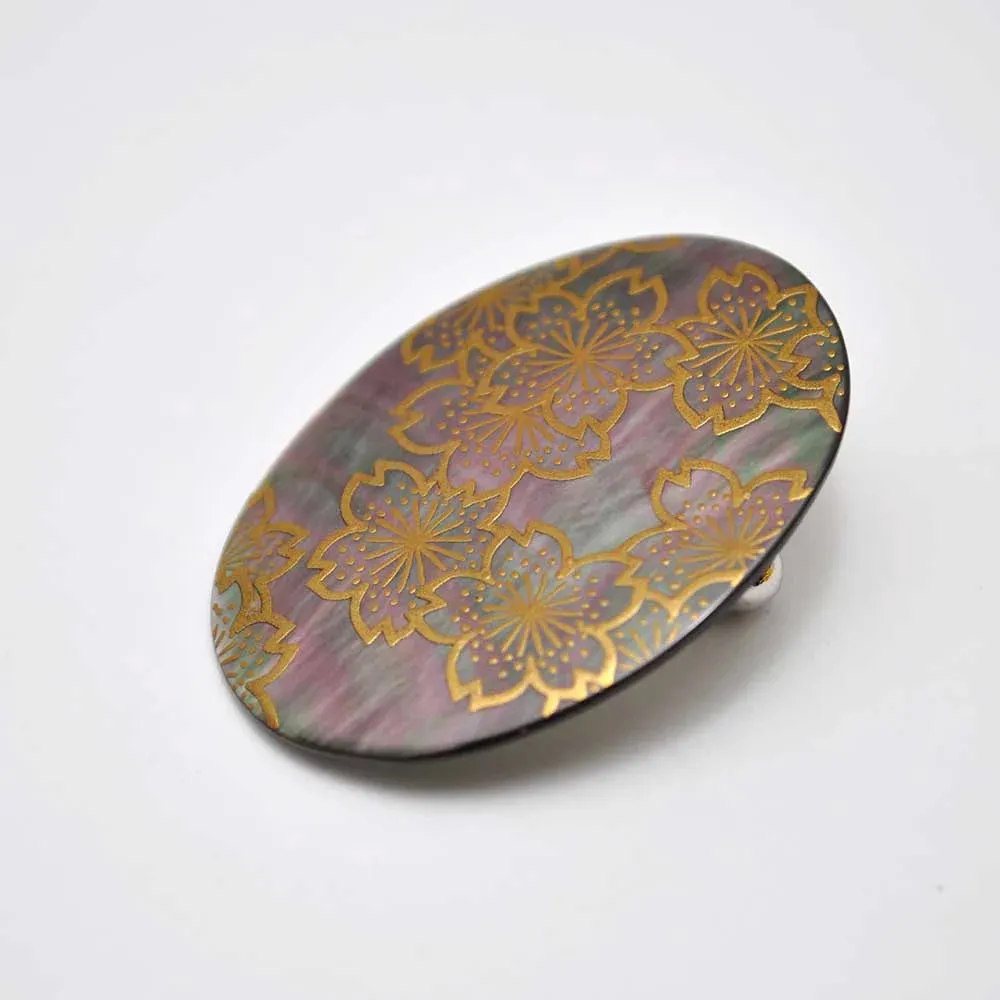 Maki-e Urushi Lacquer Brooch - Black Lip Oyster Pearl Shell / Cherry Blossom -, Traditional Japanese Urushi Lacquer Jewelry