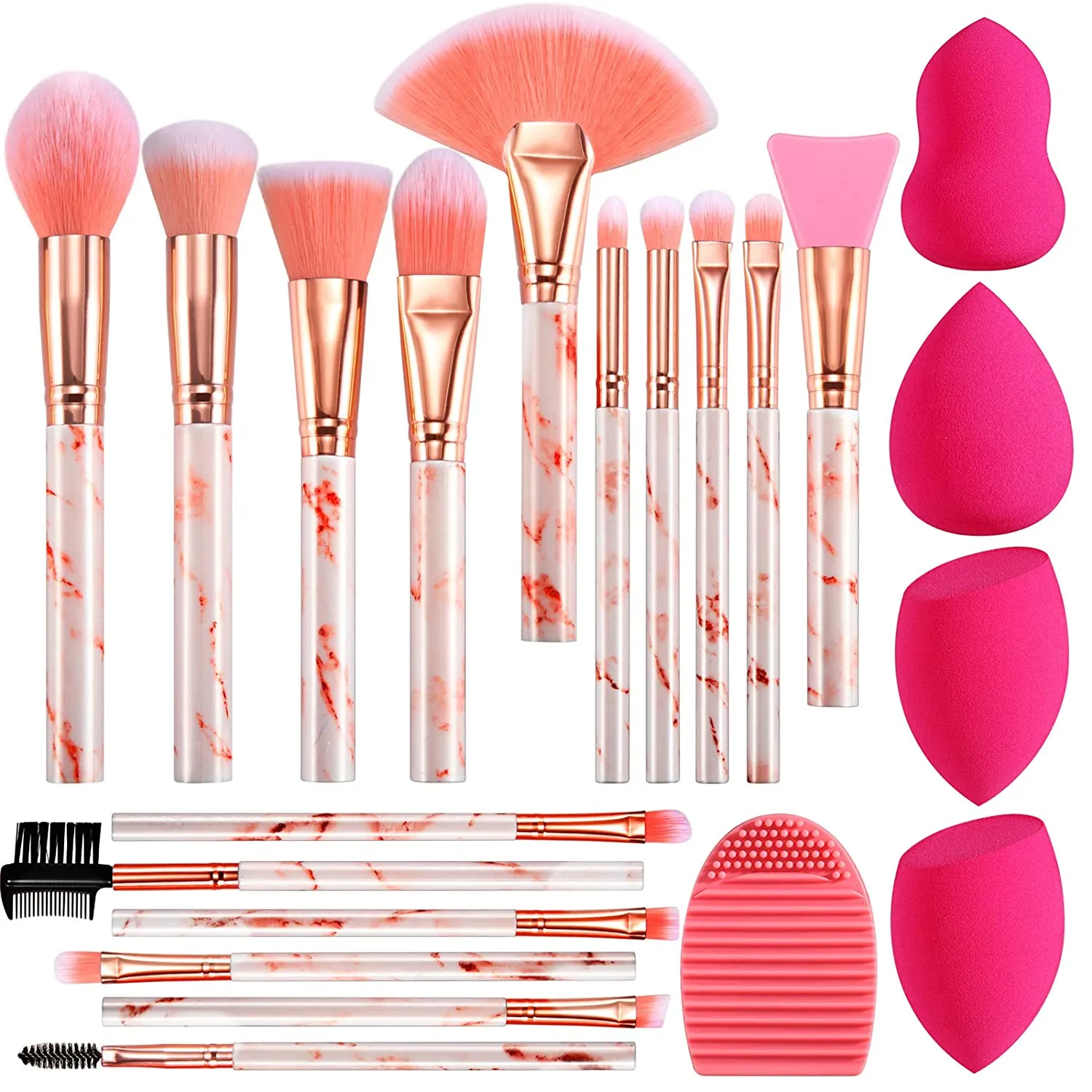 Marble-16pcs Pink Makeup Brush Sets with 4pcs Makeup Sponge