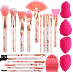 Marble-16pcs Pink Makeup Brush Sets with 4pcs Makeup Sponge