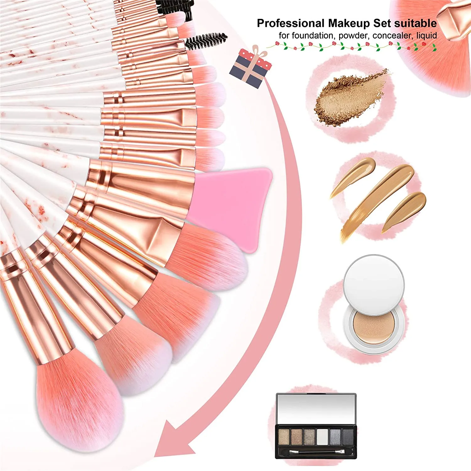 Marble-16pcs Pink Makeup Brush Sets with 4pcs Makeup Sponge