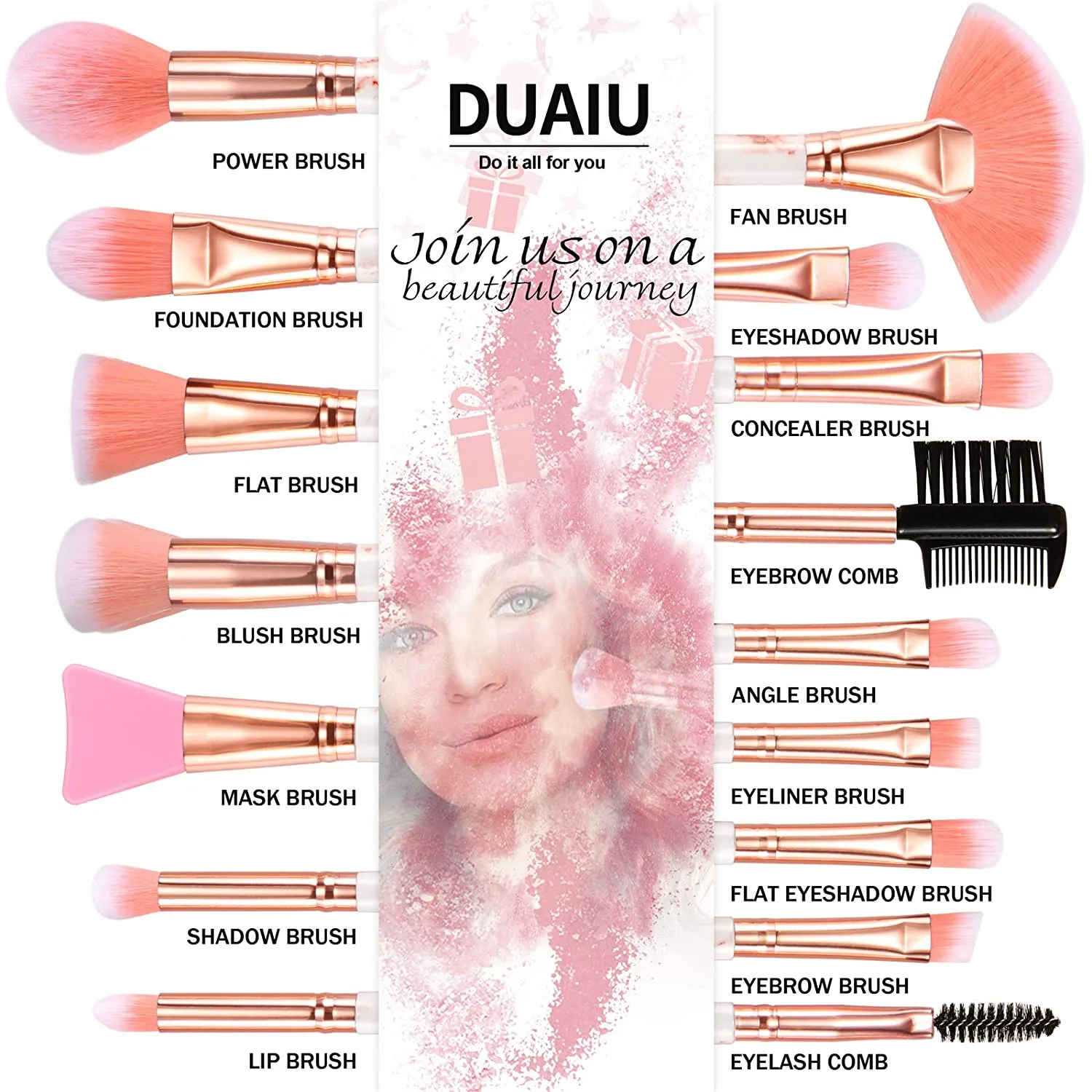 Marble-16pcs Pink Makeup Brush Sets with 4pcs Makeup Sponge